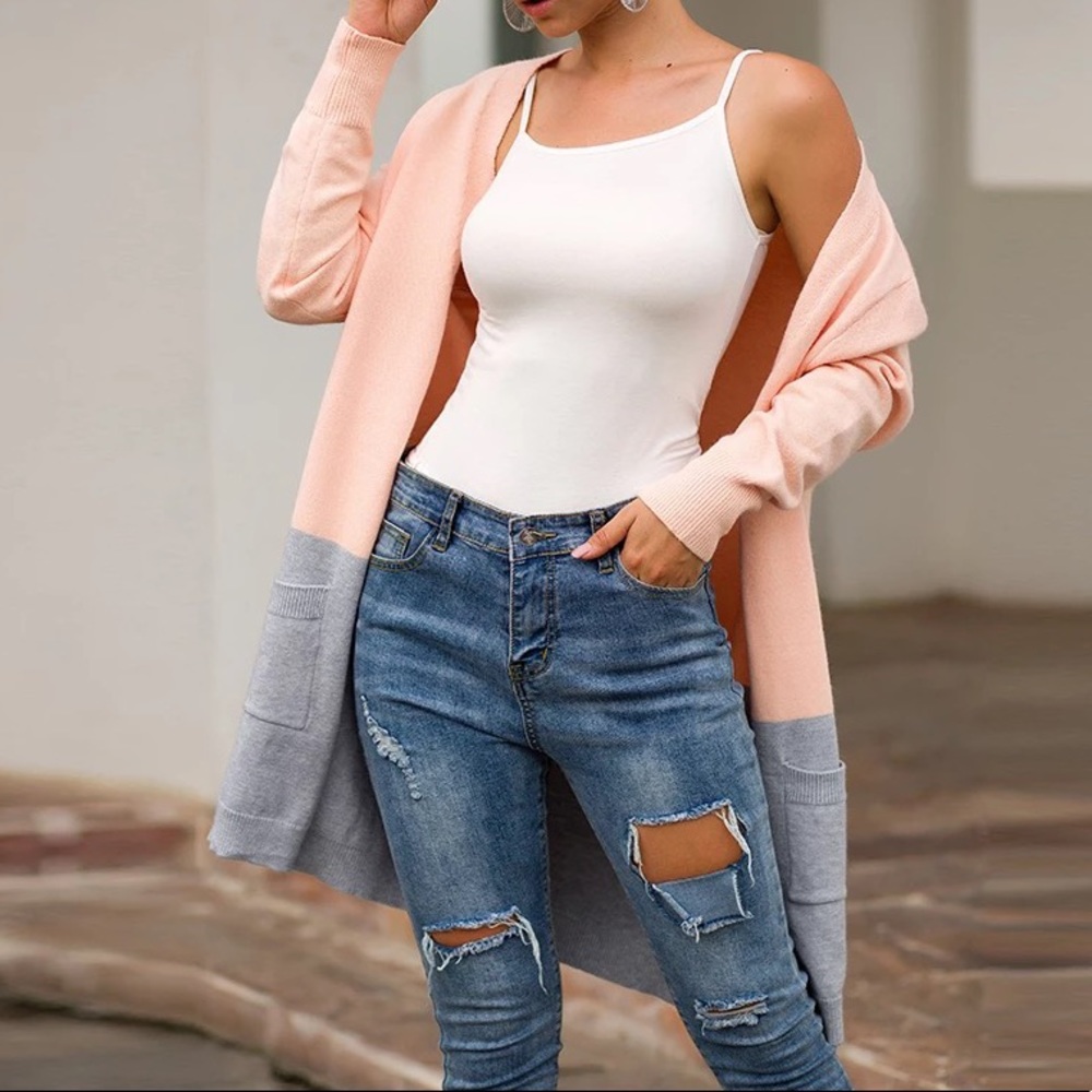 Women Knitted Long Sleeve Pink-Peach/Grey Cardigan